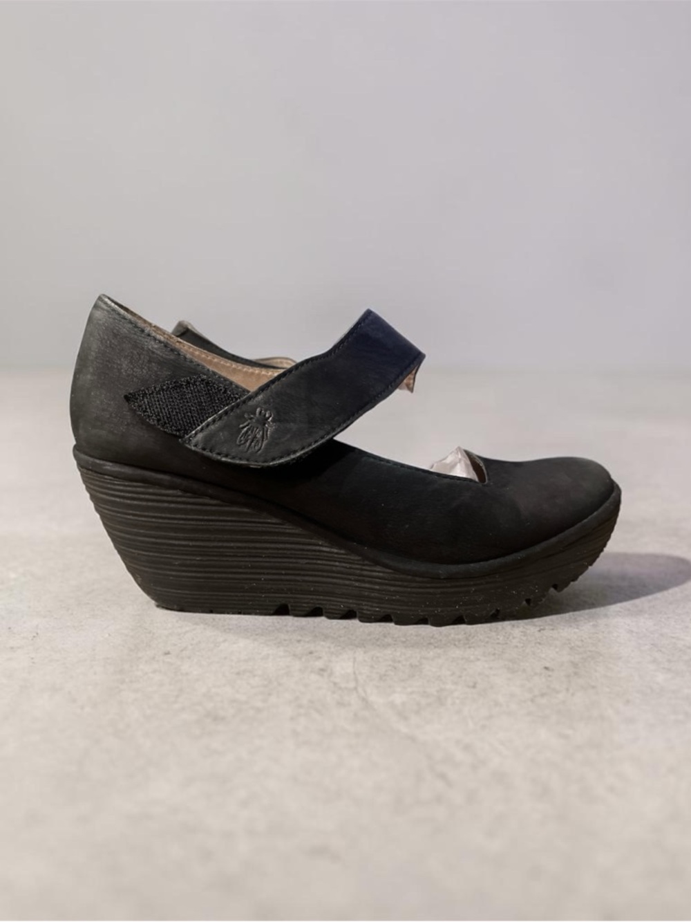Fly London Black Mary Jane Wedge Pumps